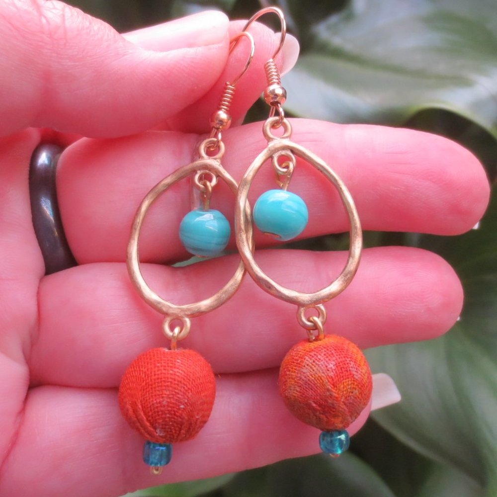 Handcrafted Pierced Earrings Tangerine Teal Gold Boho Statement Dangle 2.5 inch